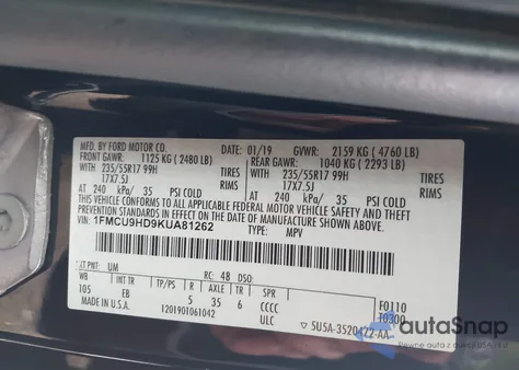 2019 Ford Escape Sel z USA, uszkodzony, nr VIN 1FMCU9HD9KUA81262